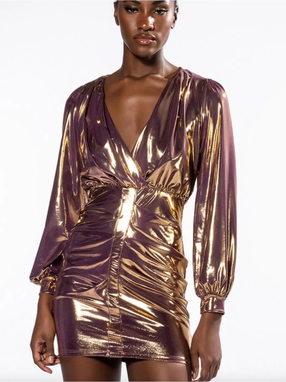 Akira Only One In The Room Metallic Liquid Gold Bronze Mini Dress, Size Small